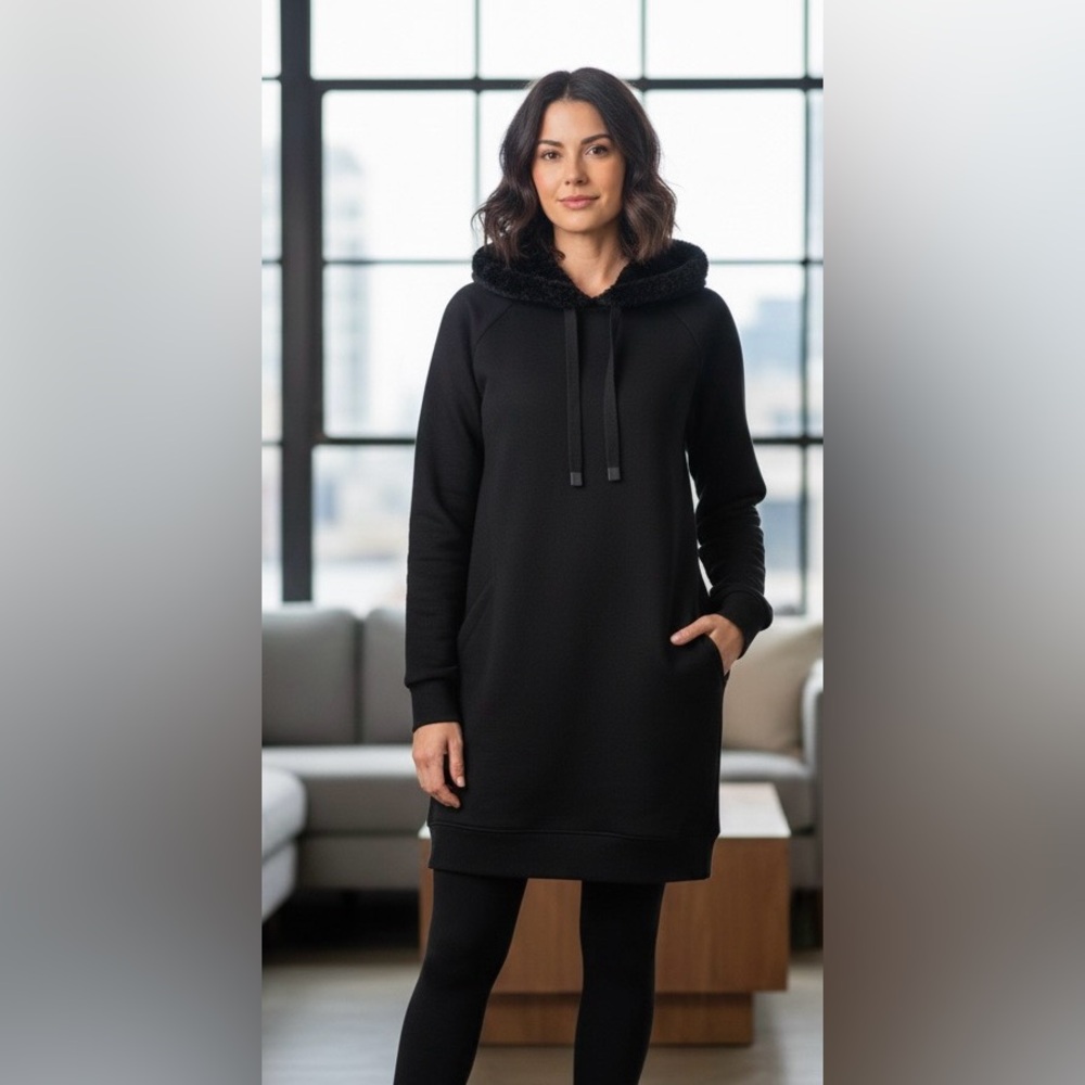 Athleta black long sweater/dress, hoodie w/faux fur, front pockets, drawstring S
